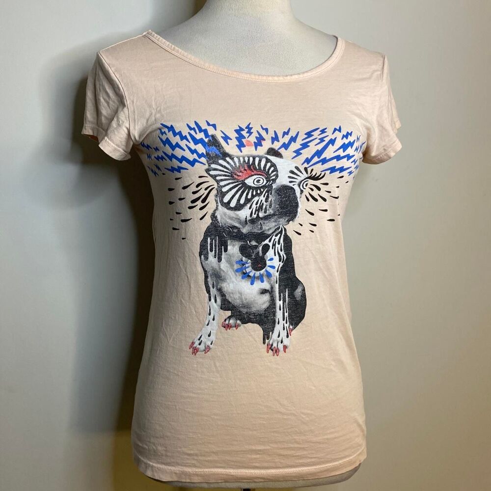 Marc by Marc Jacobs cream cotton tee with black dog graphic with blue lightning
